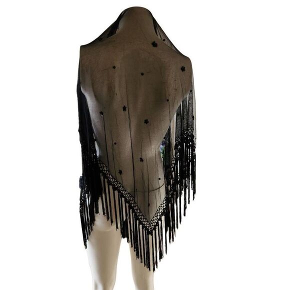 Kenneth Cole reaction black semi sheer floral beaded fringe shawl cover up scarf - Picture 1 of 4